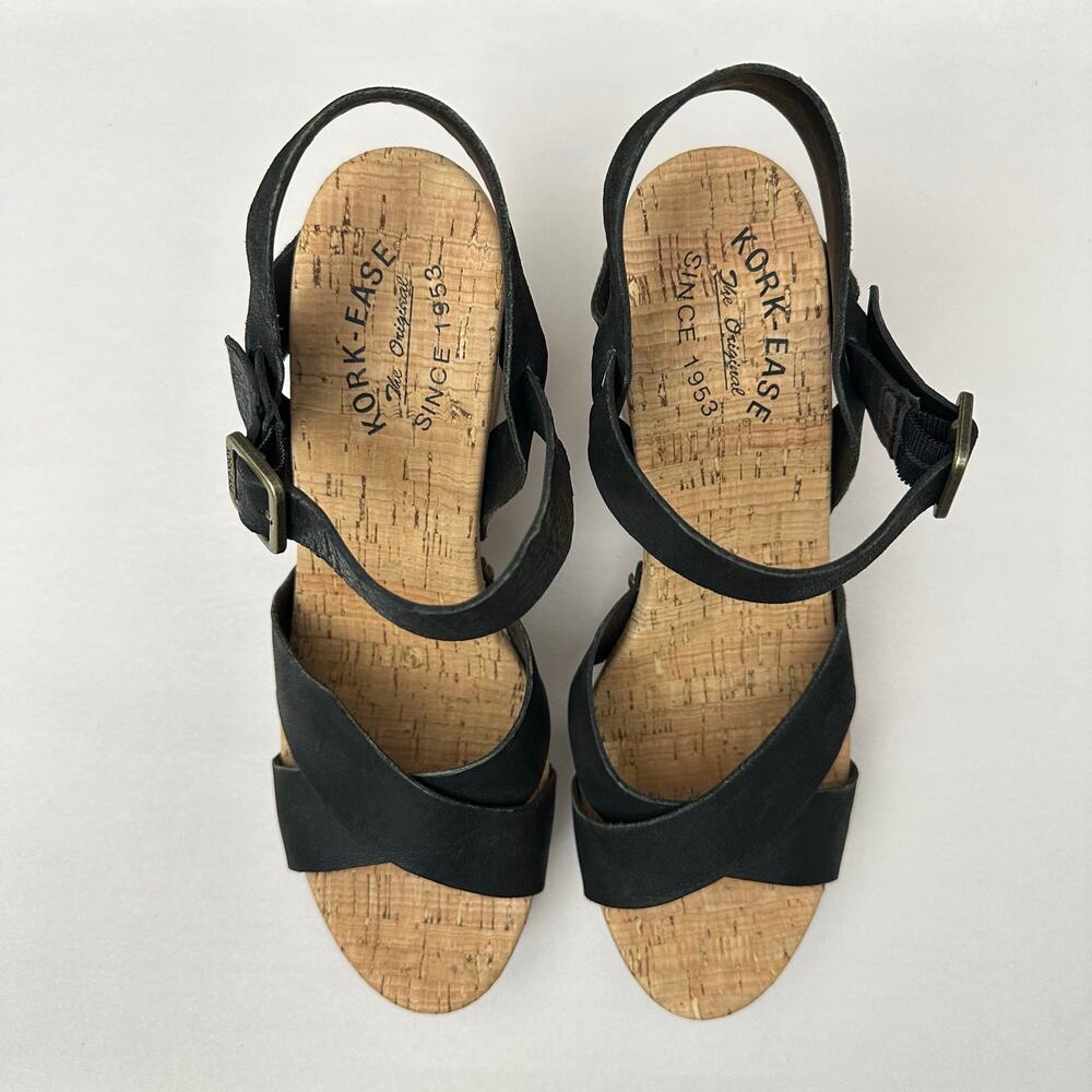 Kork-Ease Drew Black Leather Cross Band Platform Wedge Comfort Sandals Womens 10